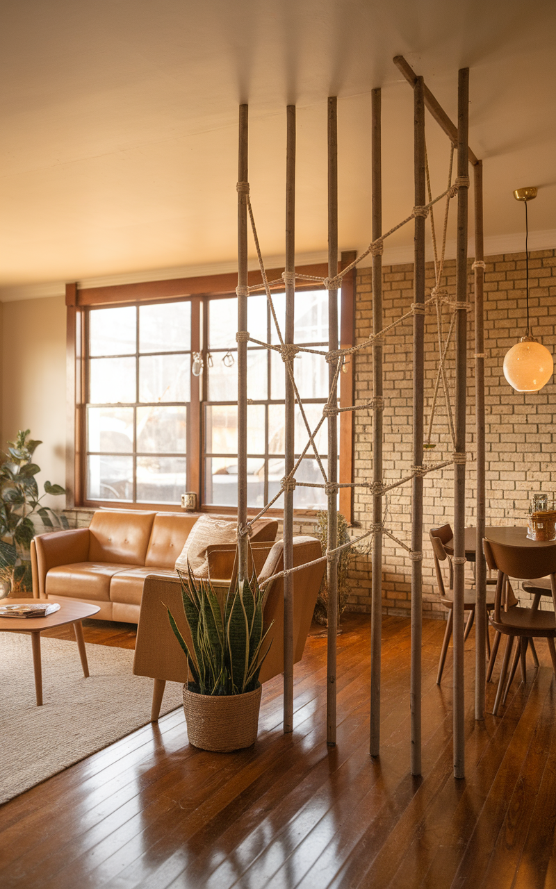 A unique wooden room divider in a retro styled living room with plants and warm lighting.