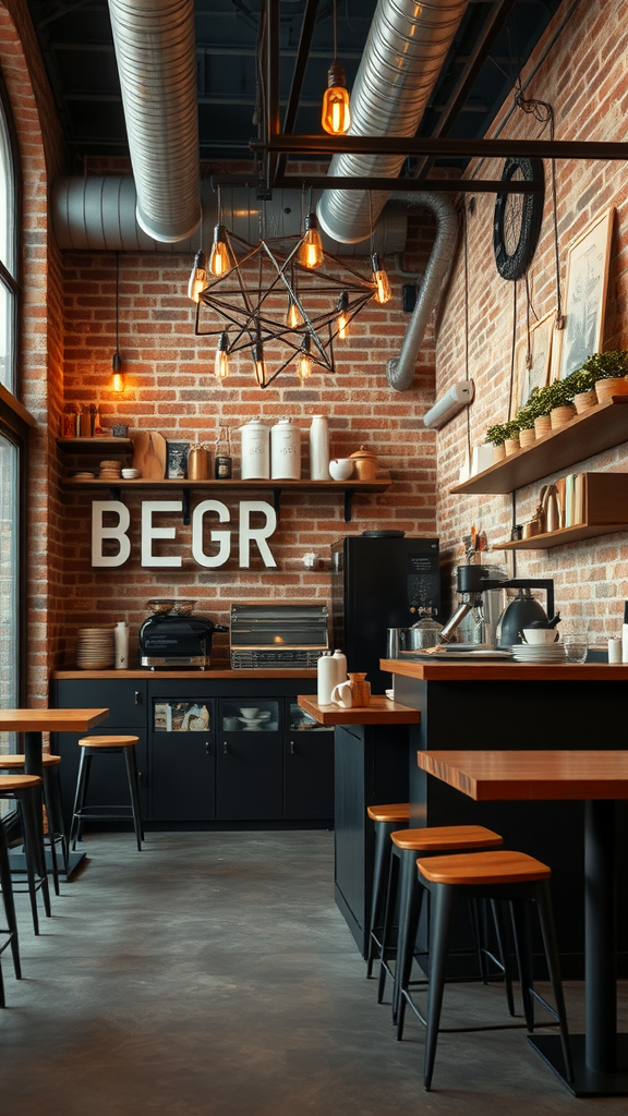 Small coffee shop interior with brick walls, warm lighting, and modern furniture.