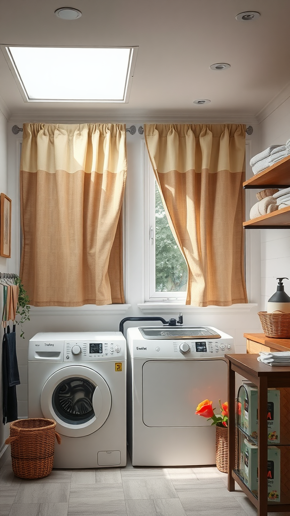 A small laundry room featuring curtains for softness and privacy, with two washing machines and a wooden shelf.