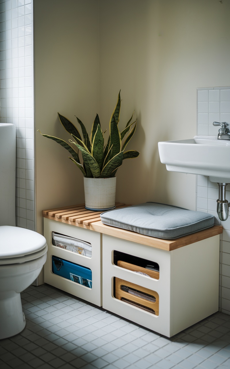 A small bathroom featuring a multi-functional storage bench, toilet, and sink with a potted plant.