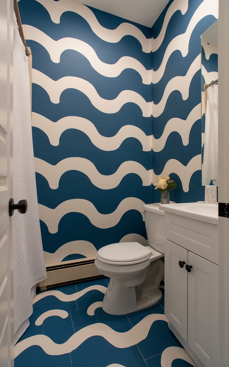 Small bathroom featuring blue and white wave-patterned wallpaper and matching flooring