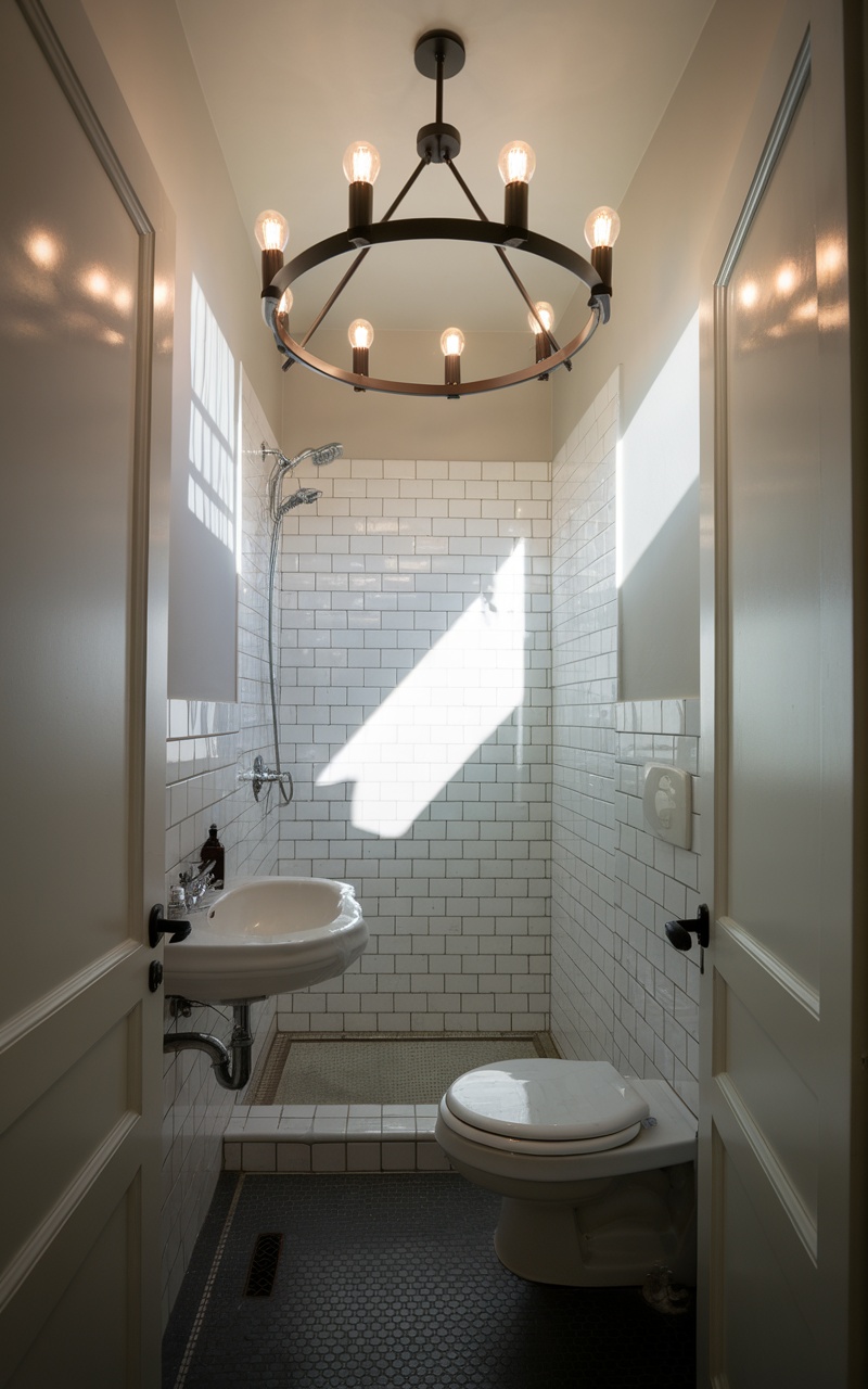 Modern small bathroom with stylish light fixture and white tiles