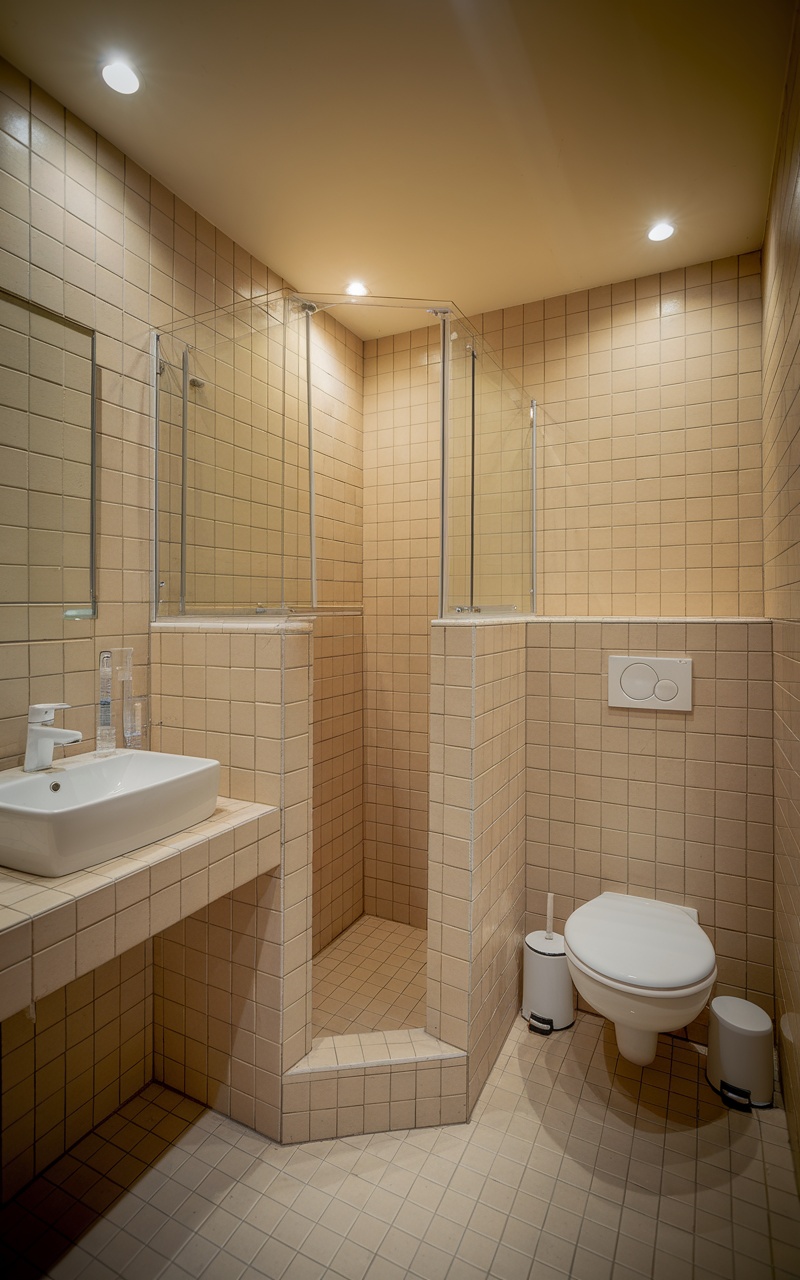 A small bathroom featuring recessed lighting and modern design elements.