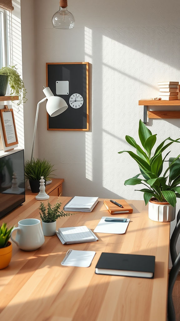 A well-organized workspace featuring natural light, plants, and minimal decor.