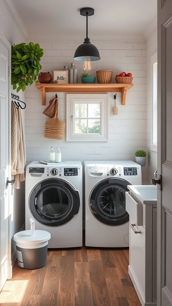 A cozy mudroom laundry room with a shelf above the washer and dryer, decorated with plants and baskets.