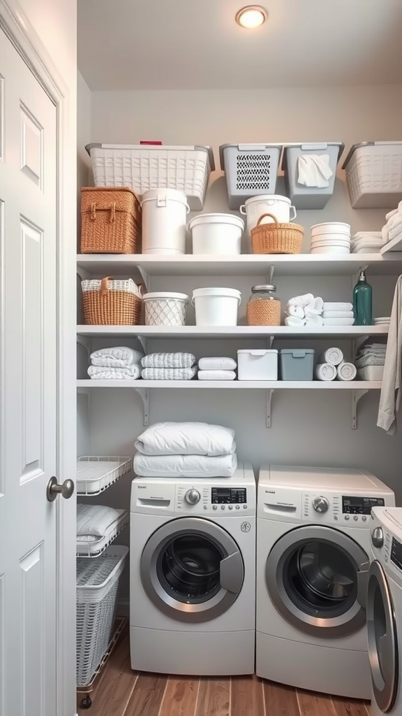 Organized small laundry room with shelves and cabinets