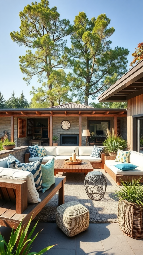 A beautiful outdoor living area with a cozy seating arrangement, greenery, and a sunny atmosphere.