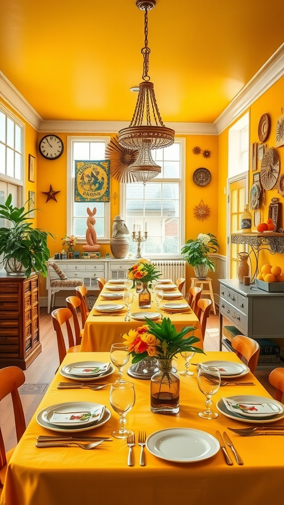 A bright mustard yellow room with a dining table set up, featuring vibrant decorations and plants.