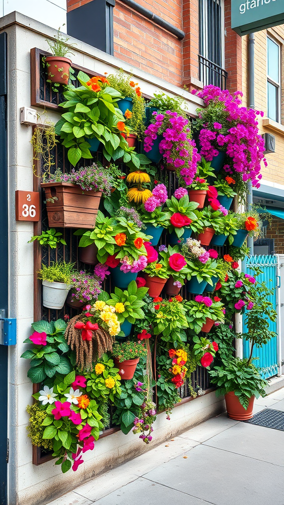 Colorful vertical garden with a variety of flowers and plants in pots.