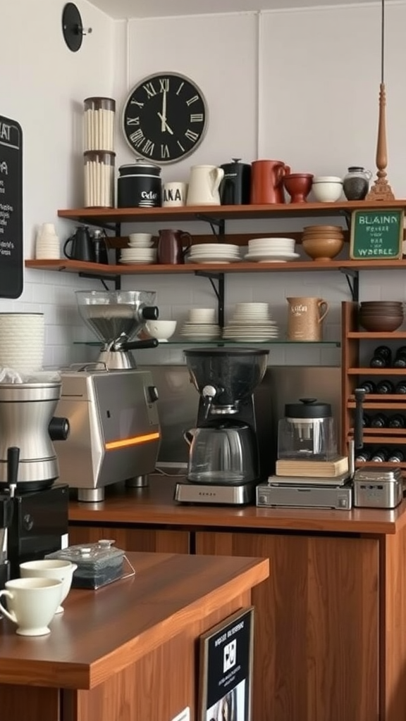 A vintage coffee machine setup in a small cafe with shelves of cups and accessories.