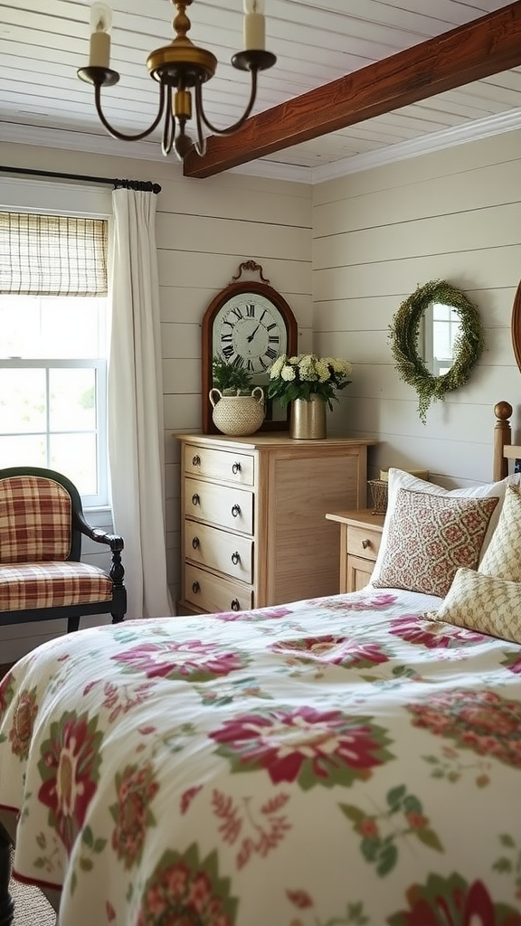 A cozy bedroom with vintage furnishings, featuring a floral quilt, wooden furniture, and soft lighting.