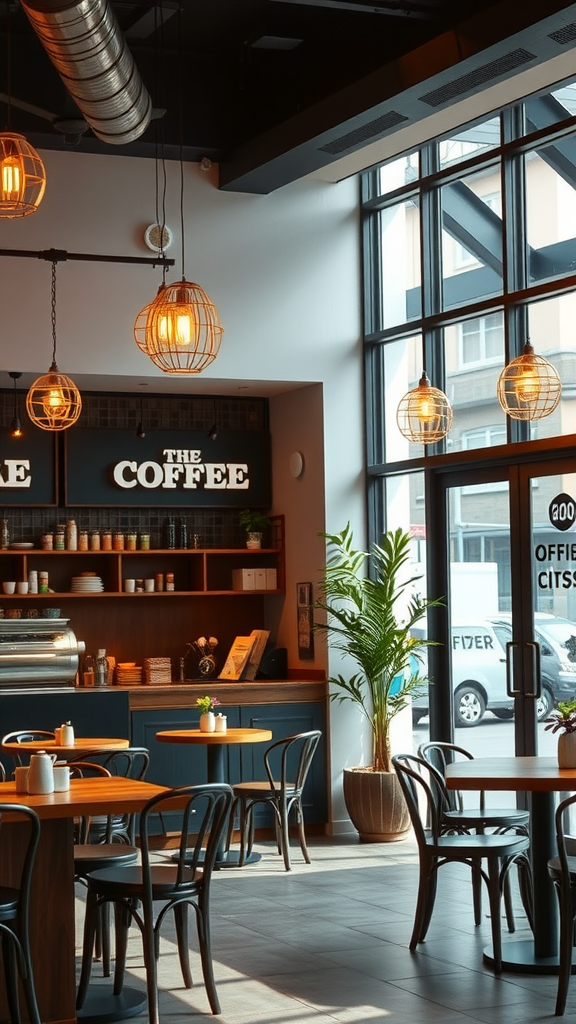 Interior of a small coffee shop with warm lighting and inviting decor