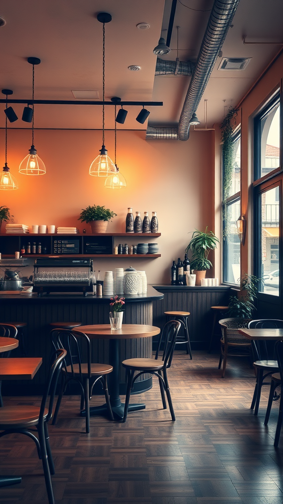 Interior of a small coffee shop featuring warm colors, wooden furniture, and a cozy atmosphere.