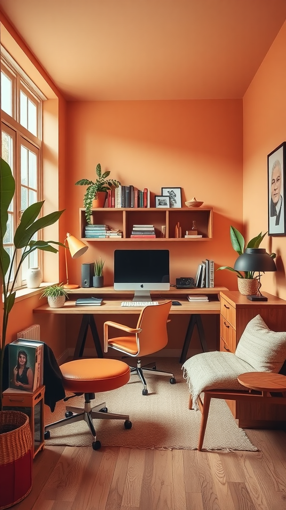 Cozy home office with warm orange walls, a desk, plants, and comfortable seating.