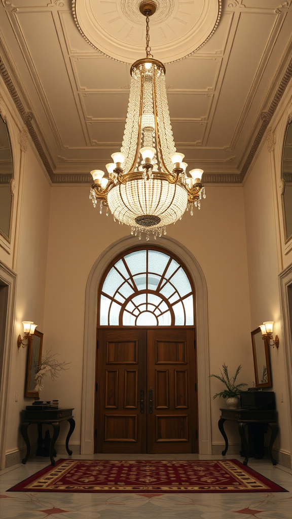 Elegant foyer featuring a grand chandelier, wooden doors, and decorative mirrors.