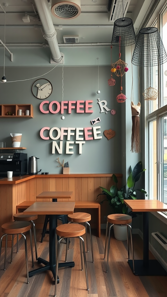 Interior of a small coffee shop featuring whimsical decor elements including colorful letters and unique light fixtures.