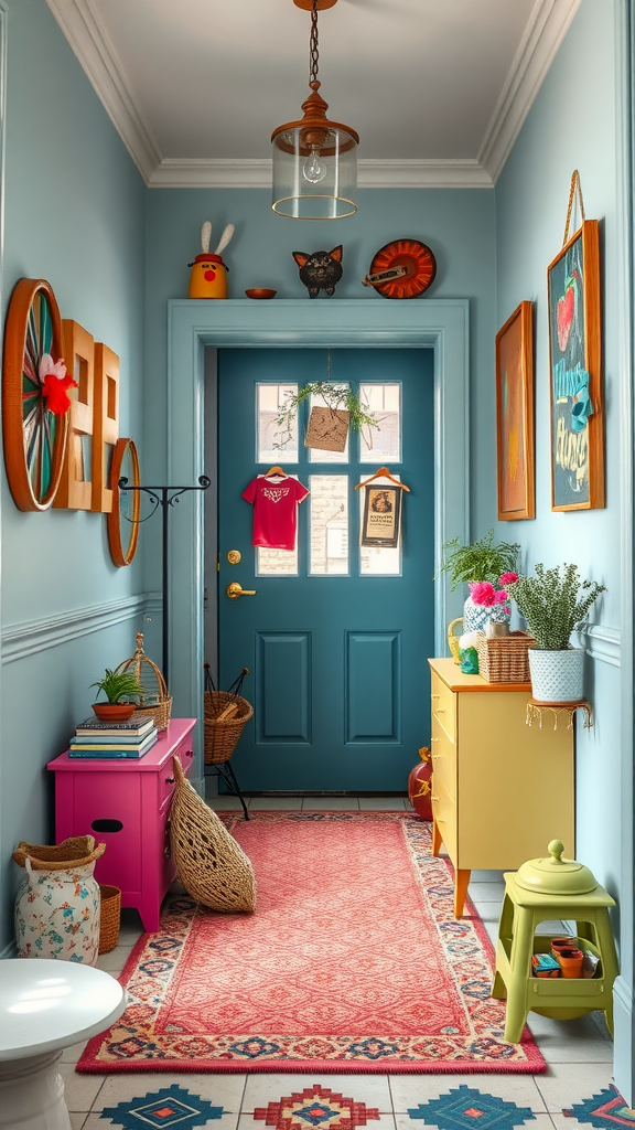 A colorful and whimsical entryway featuring playful furniture and accessories.