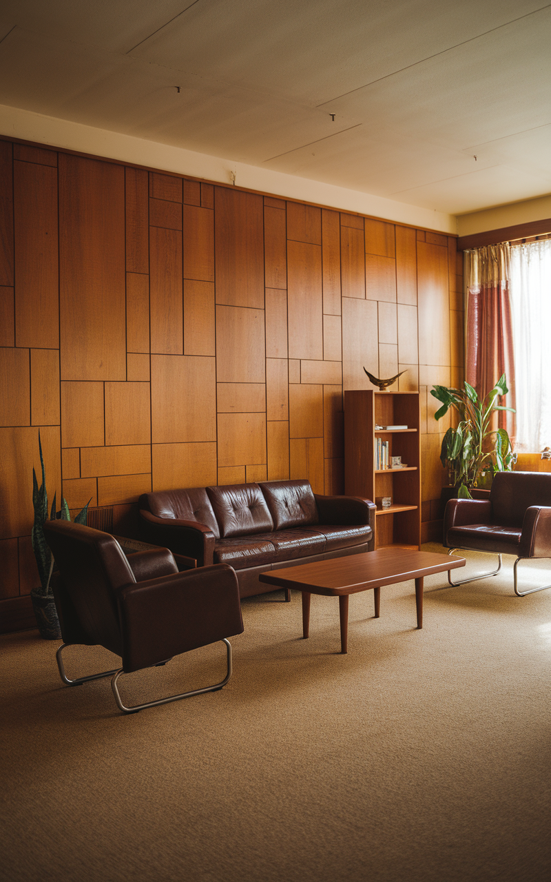 A retro living room featuring wood paneling walls, brown leather couches, and a coffee table.