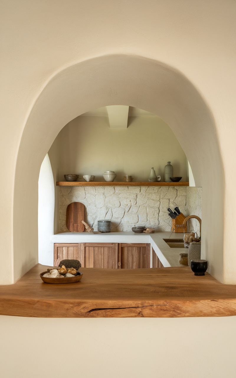 Zen-inspired kitchen featuring natural materials with wooden cabinets and stone accents.