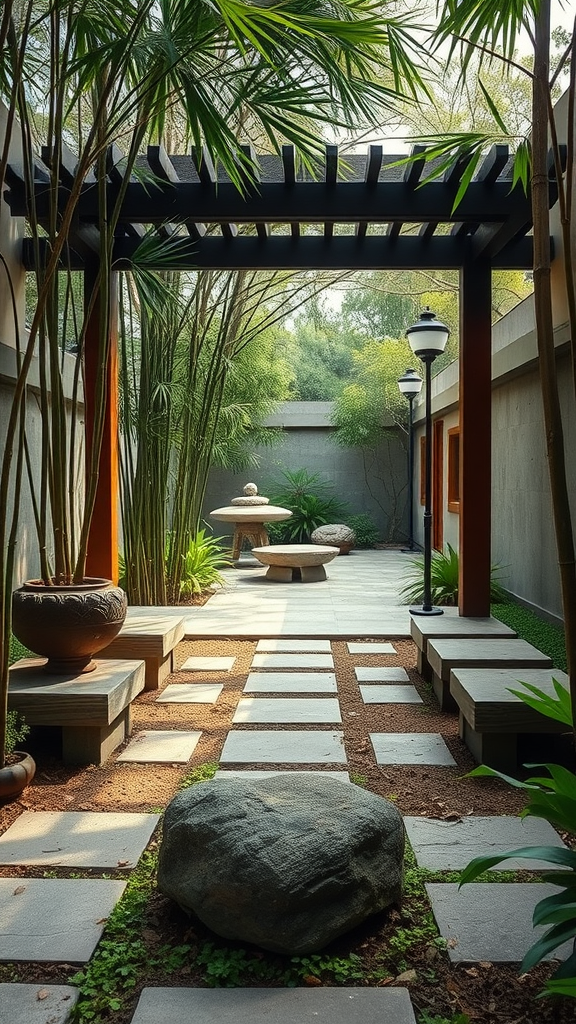 A serene outdoor meditation space with stone pathways and lush greenery.