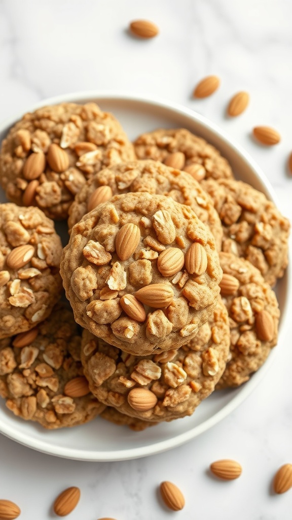 33 High-Fiber High-Protein Meals for Ultimate Satiety 28 Delicious almond butter and oatmeal cookies stacked on a plate, topped with whole almonds.