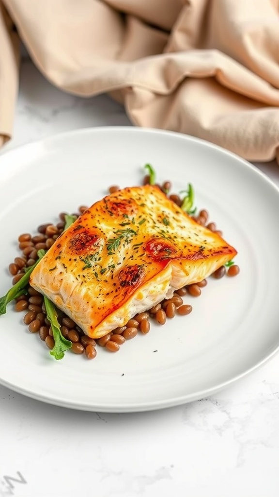 33 High-Fiber High-Protein Meals for Ultimate Satiety 12 Baked salmon fillet served on a plate with lentils and greens.