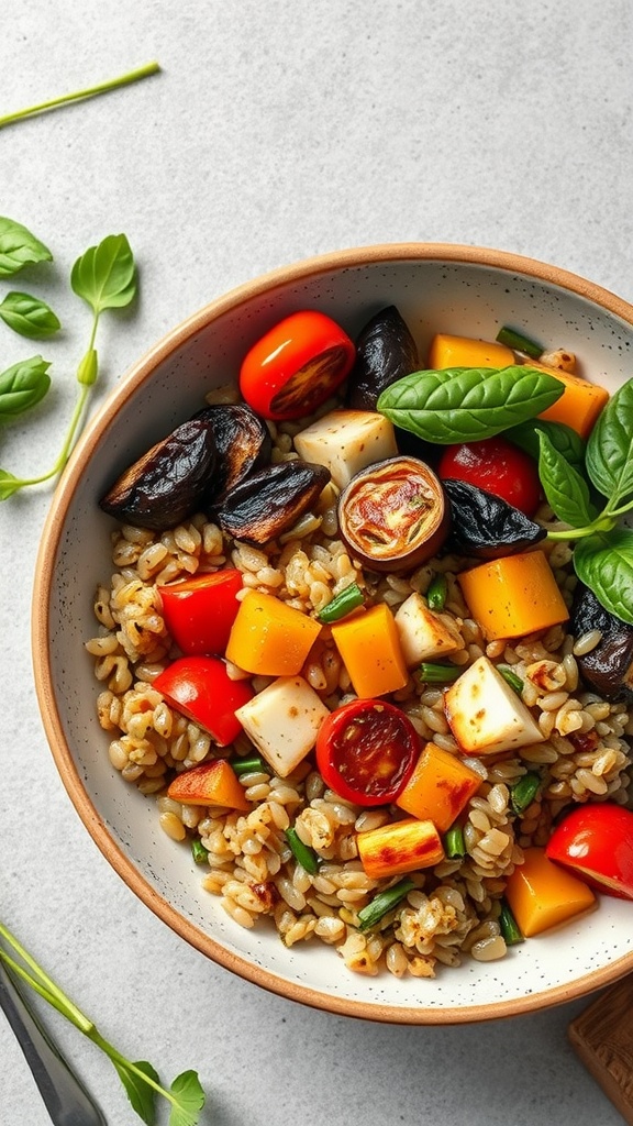 33 High-Fiber High-Protein Meals for Ultimate Satiety 27 A hearty bowl of barley salad with vibrant roasted vegetables.
