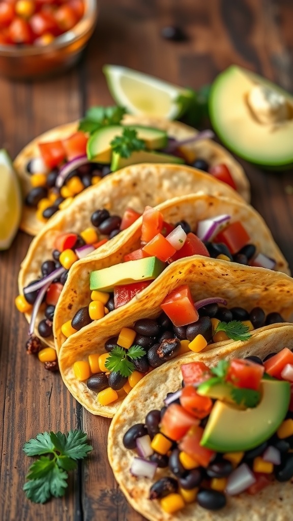 33 High-Fiber High-Protein Meals for Ultimate Satiety 15 Black bean and corn tacos with avocado and tomatoes on a wooden table