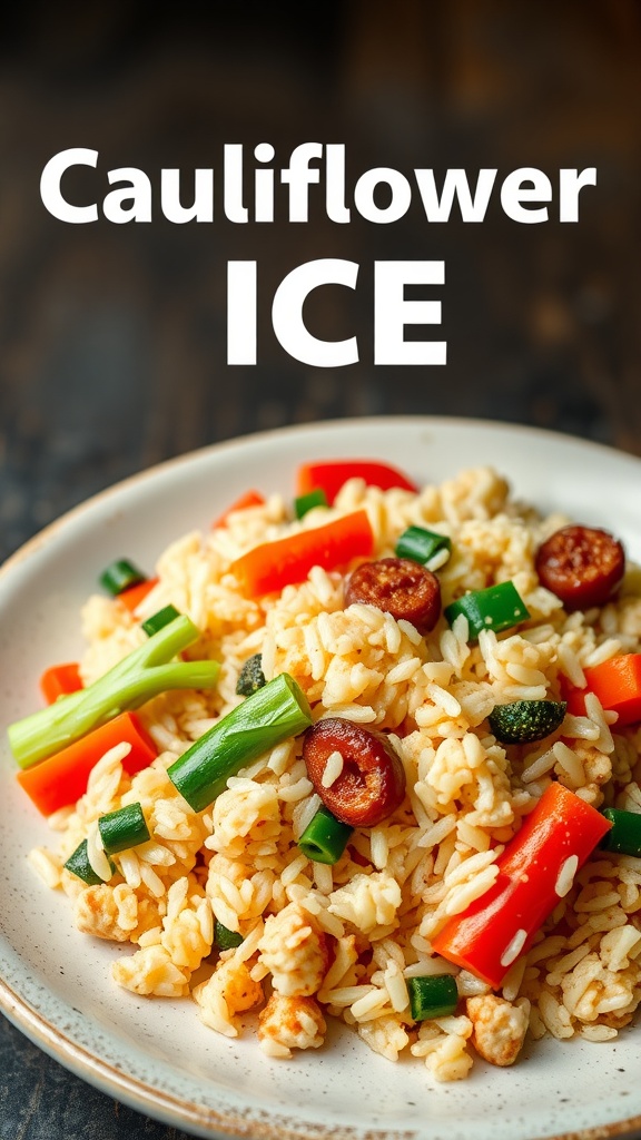 33 High-Fiber High-Protein Meals for Ultimate Satiety 22 A colorful plate of cauliflower rice stir-fry with vegetables and protein.