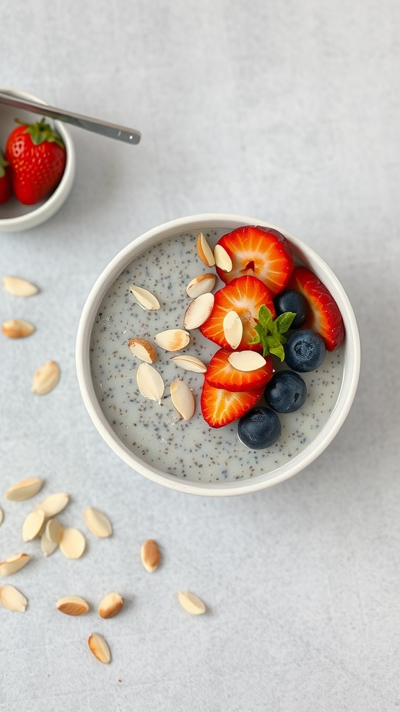 33 High-Fiber High-Protein Meals for Ultimate Satiety 13 A bowl of chia seed pudding topped with strawberries, blueberries, and almonds.