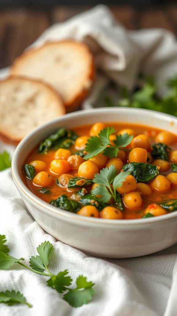 33 High-Fiber High-Protein Meals for Ultimate Satiety 8 A bowl of chickpea and spinach stew garnished with cilantro.