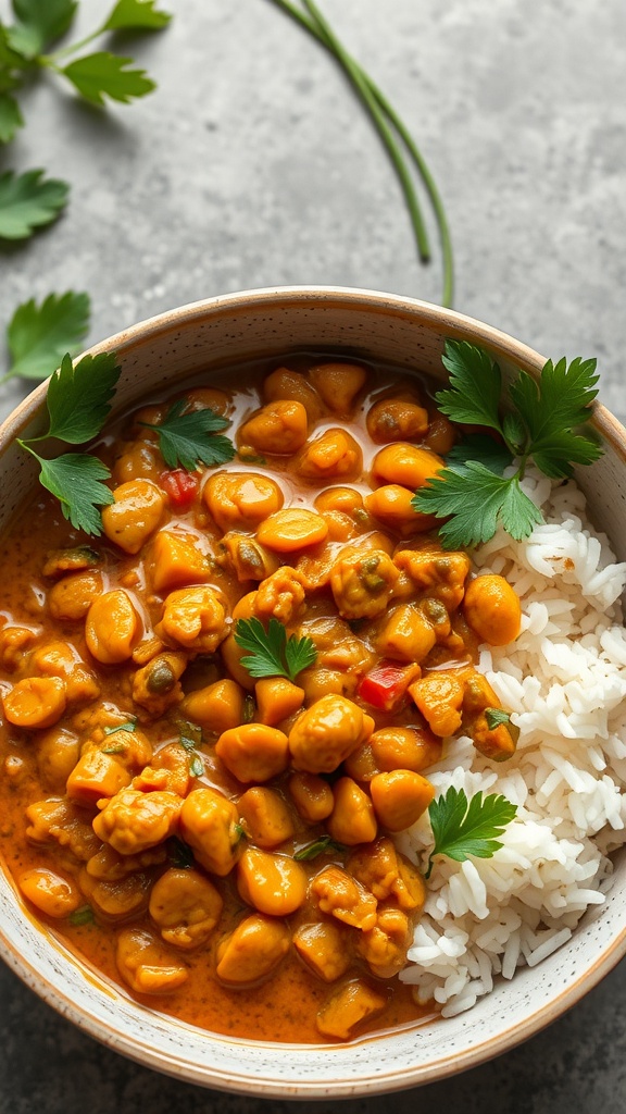 33 High-Fiber High-Protein Meals for Ultimate Satiety 26 A bowl of coconut curry lentils served with rice and garnished with cilantro.