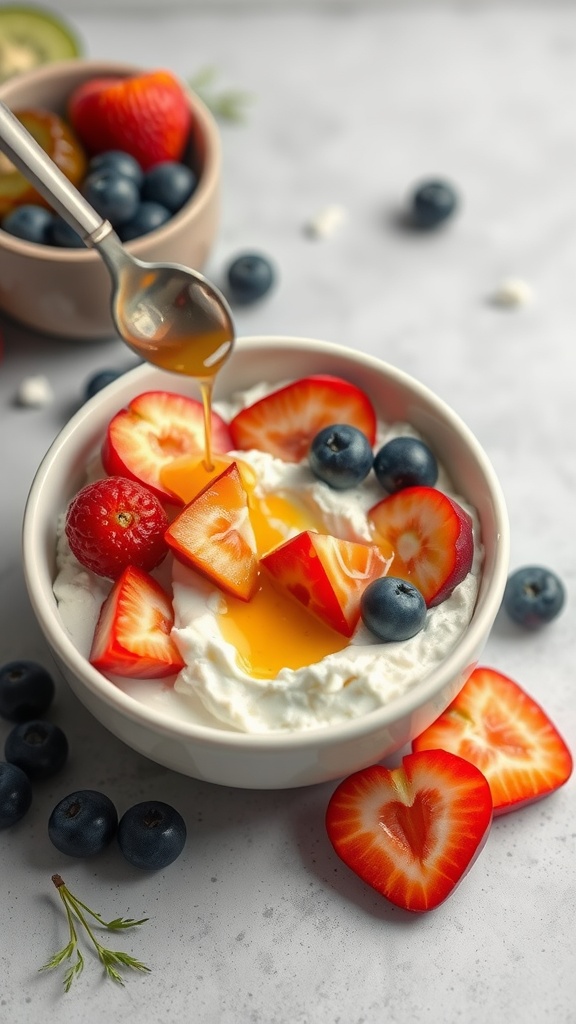 33 High-Fiber High-Protein Meals for Ultimate Satiety 10 A healthy cottage cheese and fruit bowl topped with fresh strawberries and blueberries, drizzled with honey.
