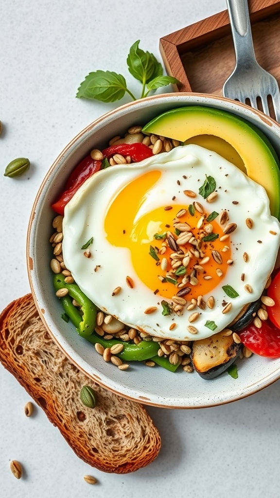 33 High-Fiber High-Protein Meals for Ultimate Satiety 2 A colorful egg and avocado breakfast bowl with vegetables and sunflower seeds.