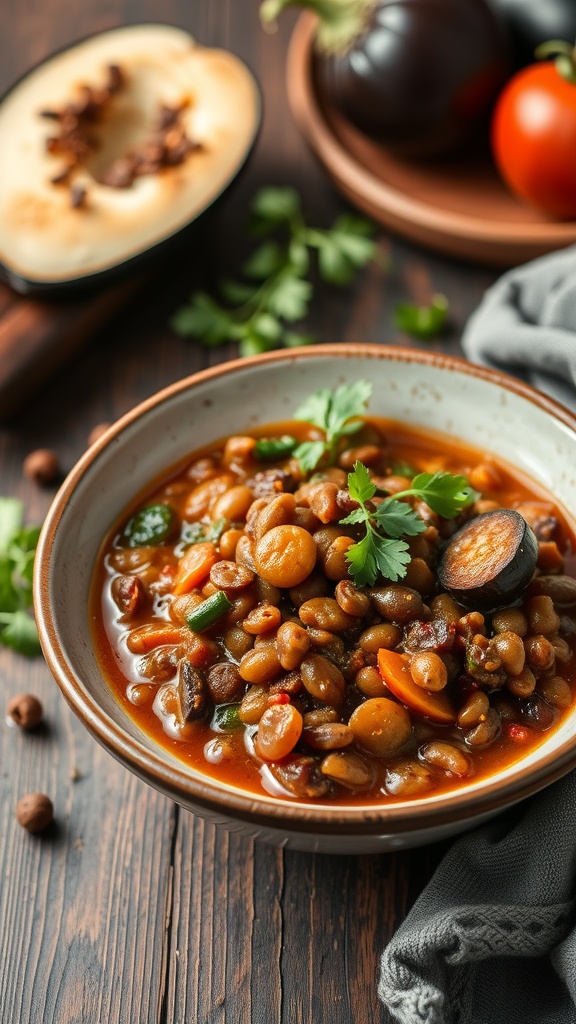 33 High-Fiber High-Protein Meals for Ultimate Satiety 20 A bowl of eggplant and lentil stew garnished with cilantro, served with a side of vegetables.