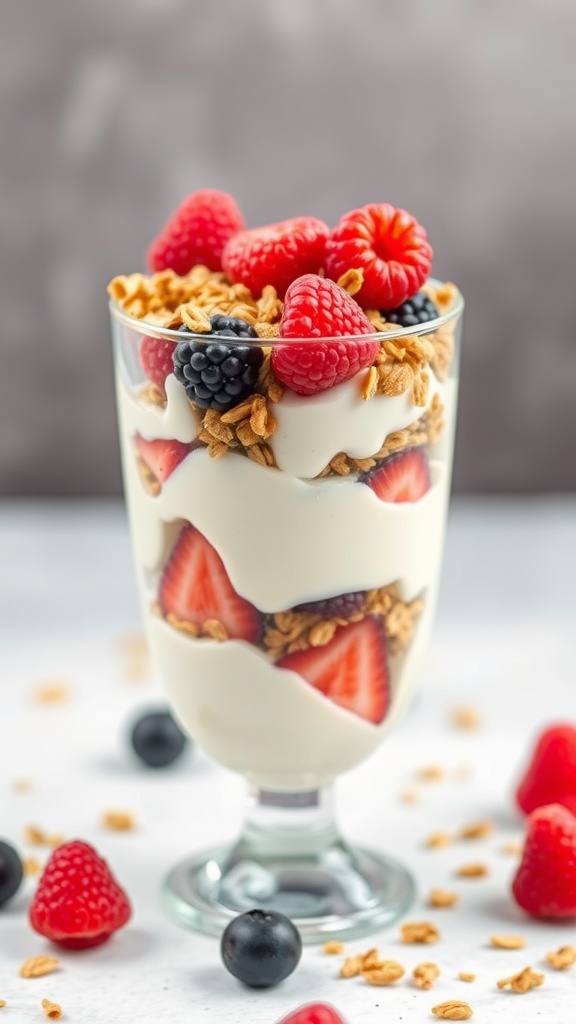 33 High-Fiber High-Protein Meals for Ultimate Satiety 3 A delicious Greek yogurt parfait layered with berries and granola.