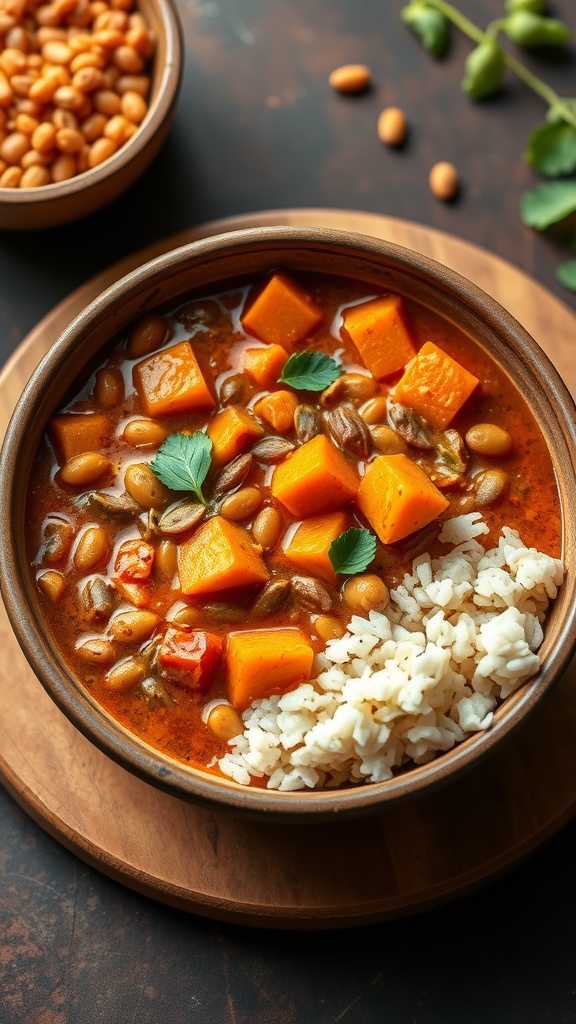 33 High-Fiber High-Protein Meals for Ultimate Satiety 5 A bowl of lentil and sweet potato curry served with rice.