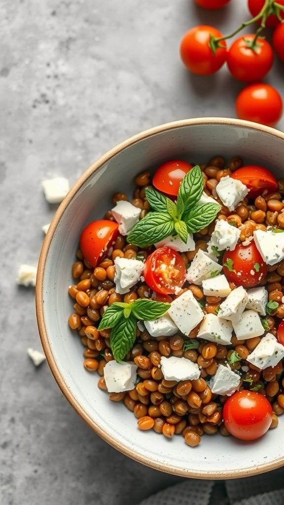 33 High-Fiber High-Protein Meals for Ultimate Satiety 18 Lentil salad topped with feta cheese and mint, with cherry tomatoes on the side.