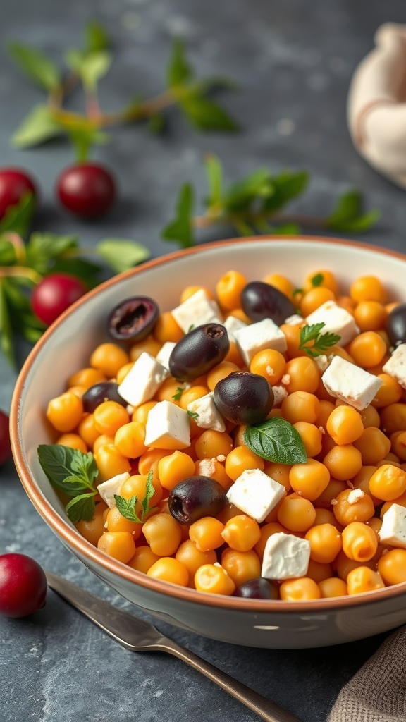 33 High-Fiber High-Protein Meals for Ultimate Satiety 30 Mediterranean Chickpea Salad with chickpeas, olives, and feta cheese in a bowl
