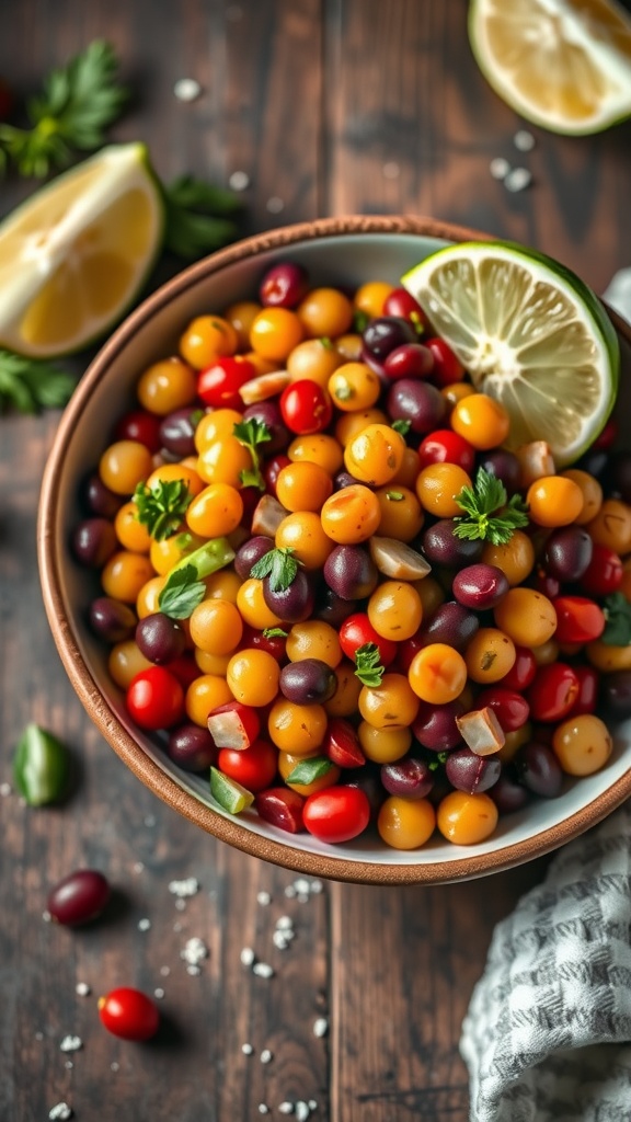 33 High-Fiber High-Protein Meals for Ultimate Satiety 23 A colorful bowl of mixed bean salad with cherry tomatoes and lime slices.