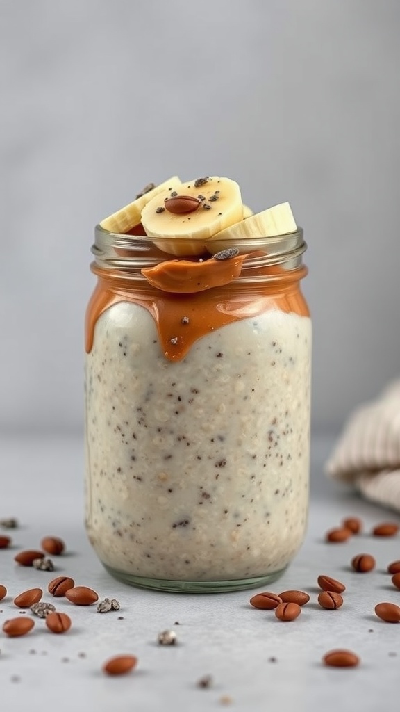 33 High-Fiber High-Protein Meals for Ultimate Satiety 11 A jar of peanut butter and banana overnight oats topped with banana slices and drizzled with peanut butter.