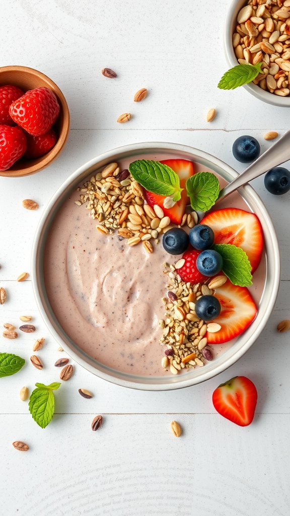 33 High-Fiber High-Protein Meals for Ultimate Satiety 33 A delicious protein-packed smoothie bowl topped with fresh fruit and granola