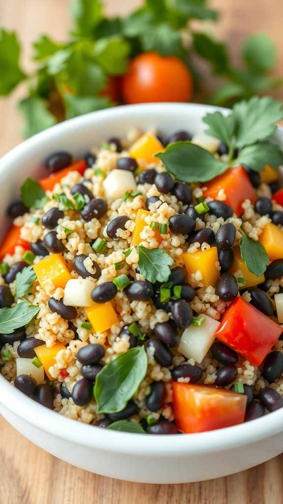 33 High-Fiber High-Protein Meals for Ultimate Satiety 6 A bowl of colorful quinoa and black bean salad with fresh vegetables and herbs