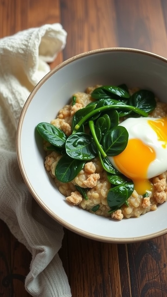 33 High-Fiber High-Protein Meals for Ultimate Satiety 17 A bowl of savory oatmeal topped with spinach and a poached egg.