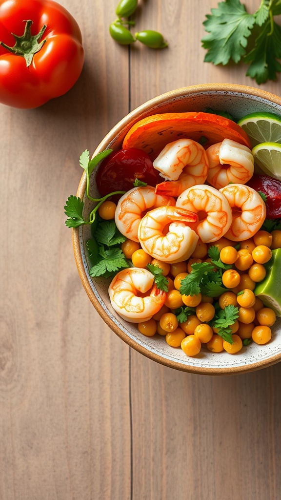 33 High-Fiber High-Protein Meals for Ultimate Satiety 19 A colorful bowl featuring shrimp, chickpeas, and assorted fresh vegetables.