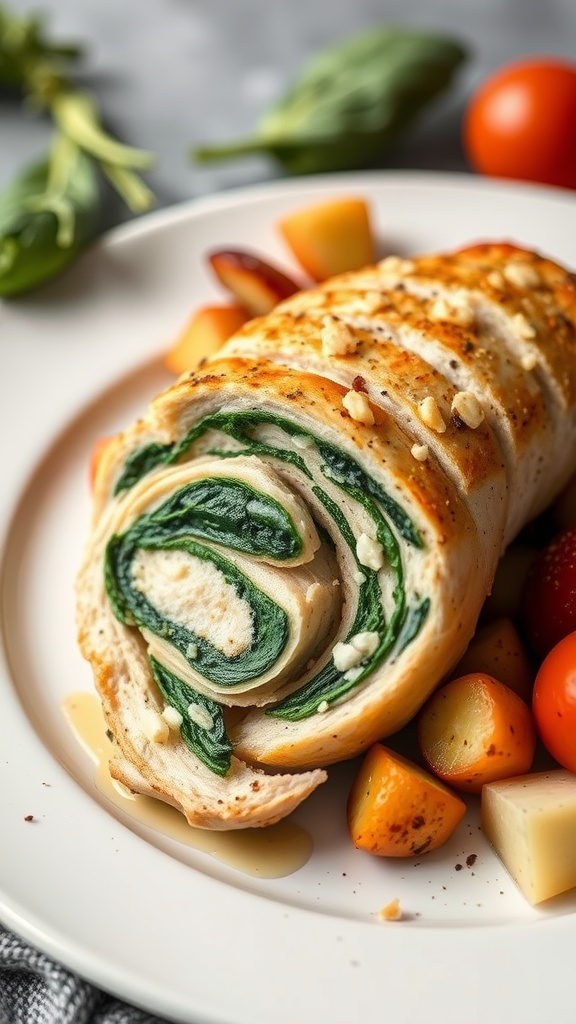 33 High-Fiber High-Protein Meals for Ultimate Satiety 24 Spinach and Feta Stuffed Chicken Breast on a plate with vegetables.