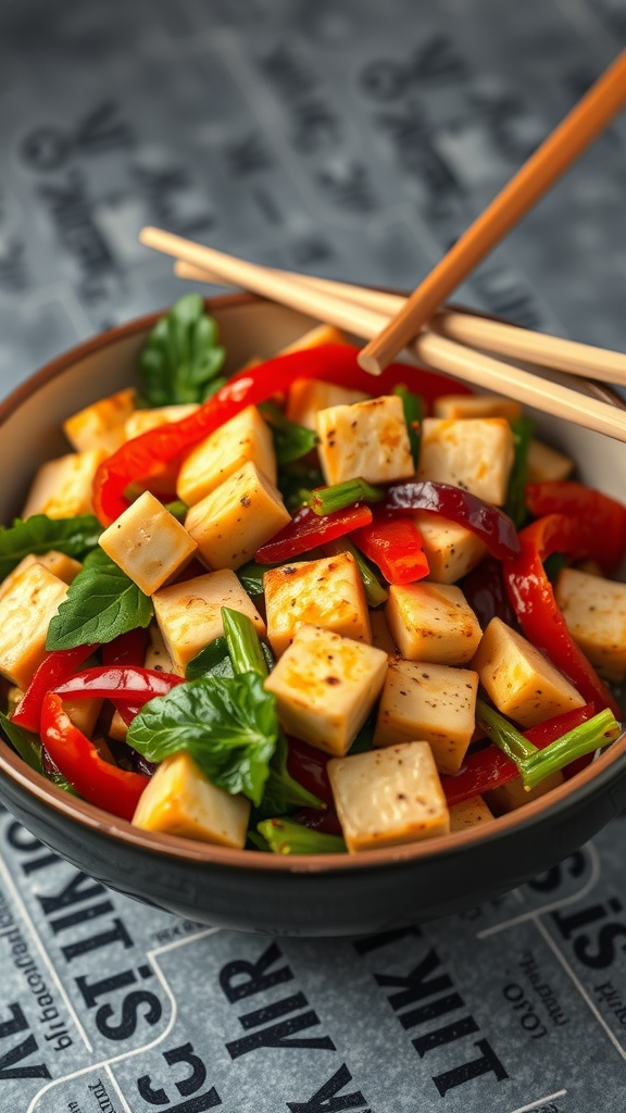 33 High-Fiber High-Protein Meals for Ultimate Satiety 16 A vibrant bowl of vegetable stir-fry with tofu, featuring colorful bell peppers and fresh greens, served with chopsticks.
