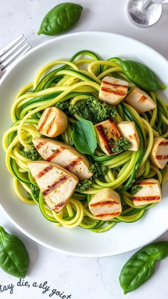 33 High-Fiber High-Protein Meals for Ultimate Satiety 7 A plate of zucchini noodles topped with grilled chicken and pesto, garnished with fresh basil.