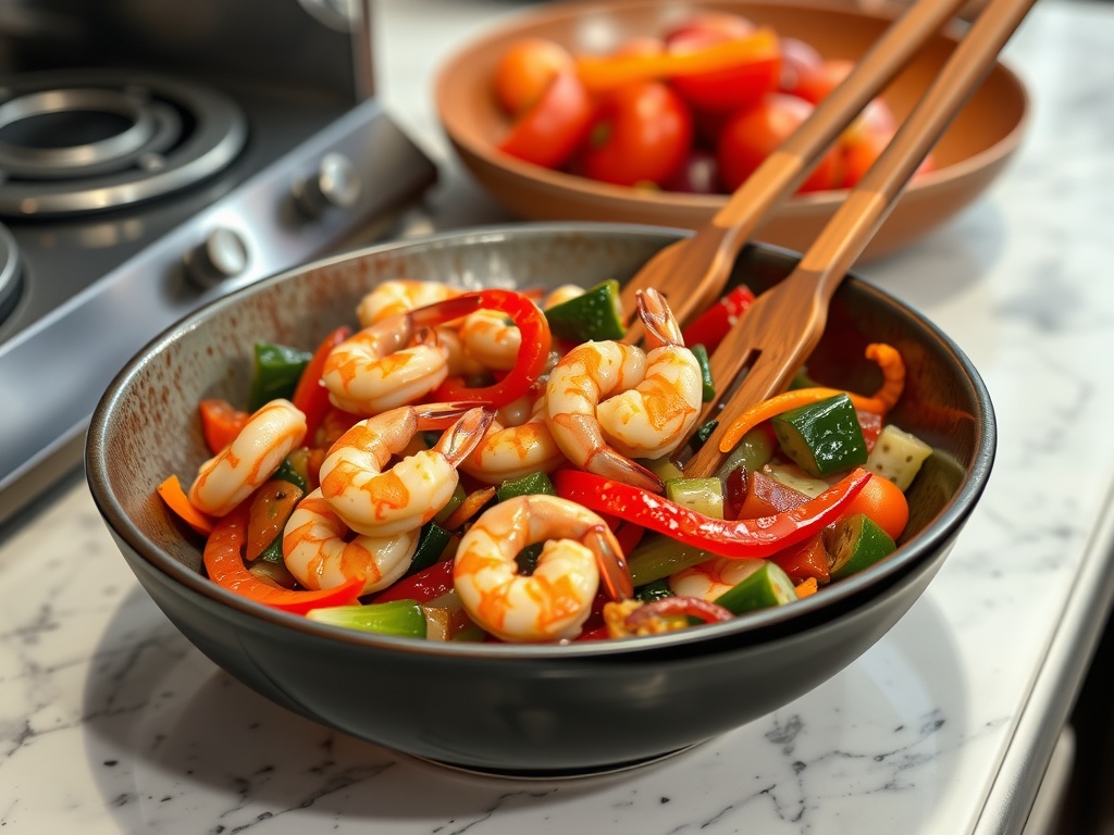 A colorful and vibrant shrimp stir-fry with vegetables