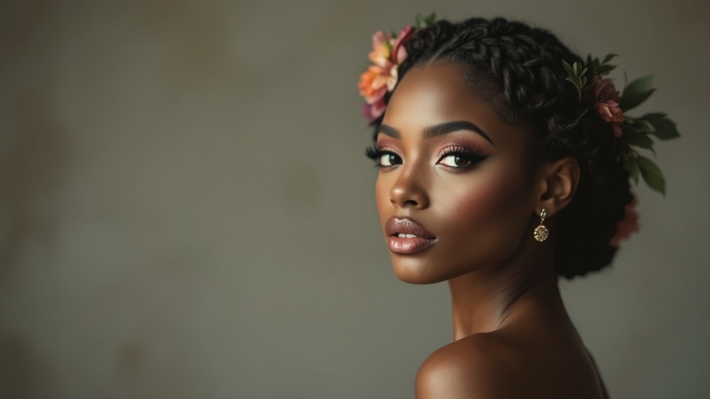 A woman with braided crown hairstyle adorned with flowers, showcasing elegant beauty.